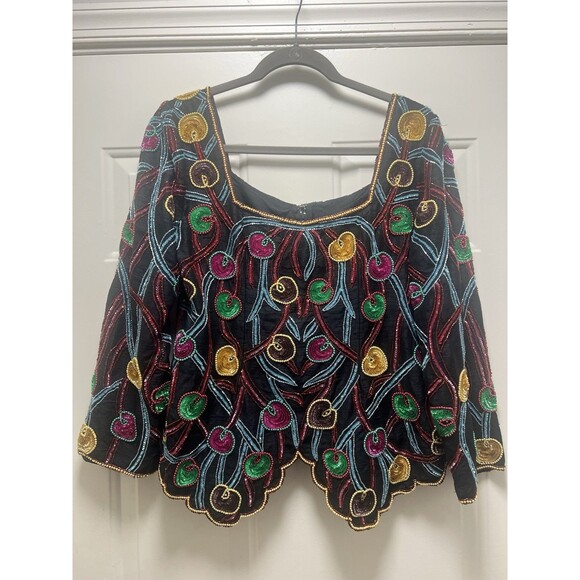 Source Unknown Tops - VTG Beaded Silk Beaded Sequin Scallop Hem Festival Shirt Top Sz M Bling Boho